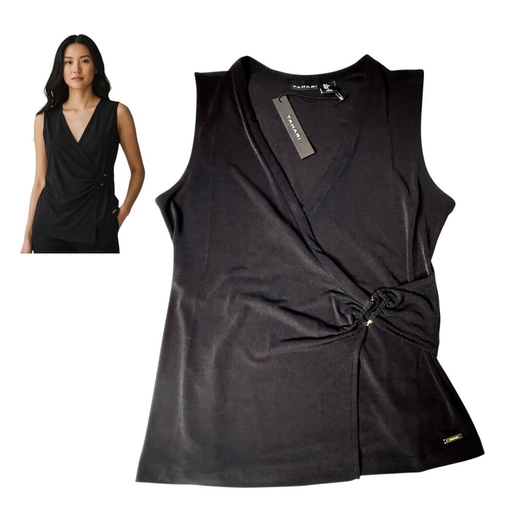 Tahari Sleeveless Knit Wrap Top Black Medium V Neck Gold Buckle Side Gather New